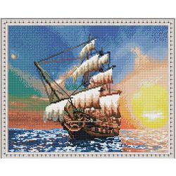 Опт-картина / Mosaïque diamant 40x50, strass ronds Voilier au coucher du soleil