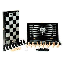 GamesDealer / Spiel 3in1 kleines schwarzes, silbernes Muster mit alltäglichem Holzschach "Obedovskie" (Backgammon, Schach, Dame) "Classic" (400 * 200 * 40)